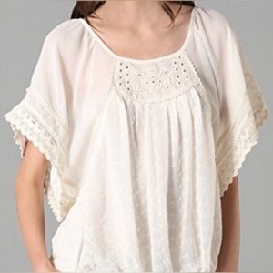 Free People Ivory Georgette Sheer Lace Eyelet Boho Blouse Women’s Size Small